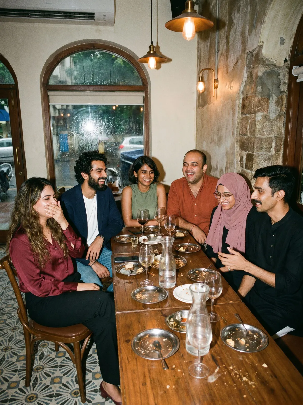 A long chef's-table dinner at a dim supper club