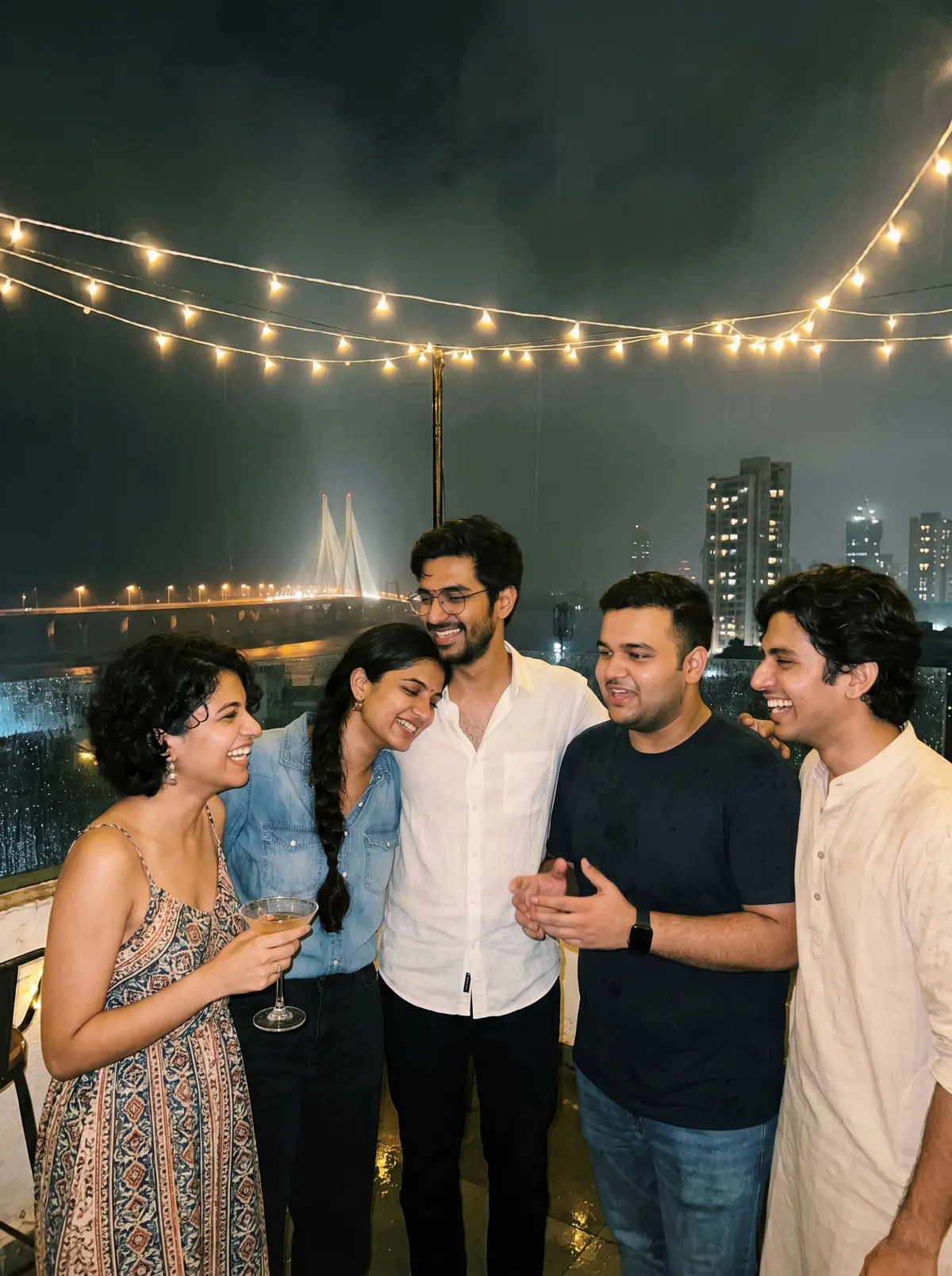 Friends mid-laugh at a rooftop