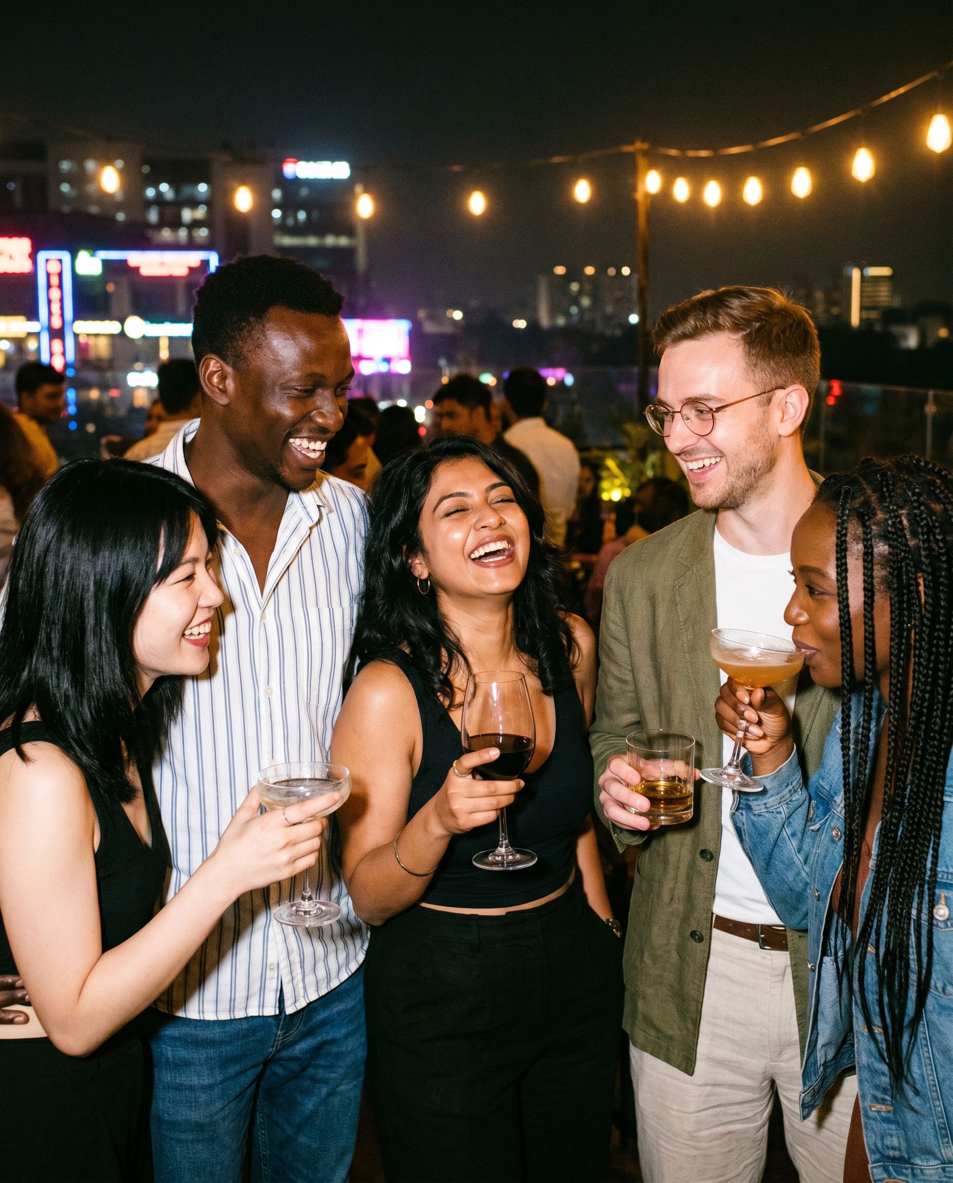 Friends mid-laugh at a rooftop